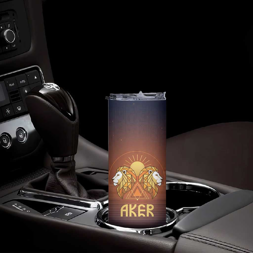 Aker Skinny Tumbler Ancient Egyptian Sunset Gradient, Twin Lion Guardians, and Solar Disc - Wonder Print Shop