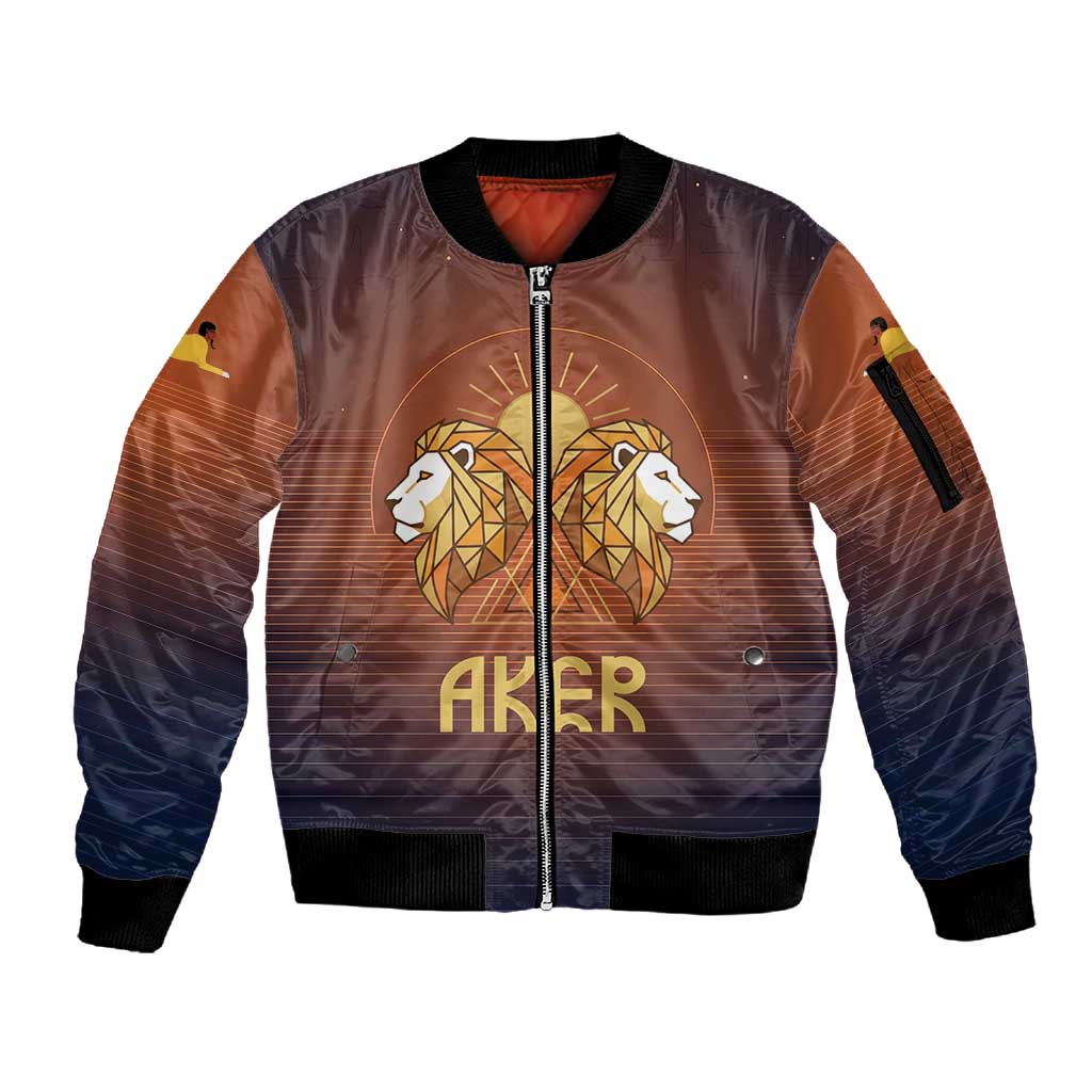 Aker Sleeve Zip Bomber Jacket Ancient Egyptian Sunset Gradient, Twin Lion Guardians, and Solar Disc - Wonder Print Shop