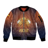 Aker Sleeve Zip Bomber Jacket Ancient Egyptian Sunset Gradient, Twin Lion Guardians, and Solar Disc - Wonder Print Shop