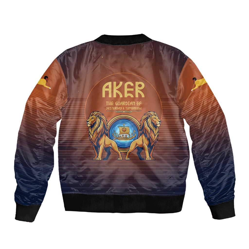 Aker Sleeve Zip Bomber Jacket Ancient Egyptian Sunset Gradient, Twin Lion Guardians, and Solar Disc - Wonder Print Shop