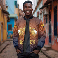 Aker Sleeve Zip Bomber Jacket Ancient Egyptian Sunset Gradient, Twin Lion Guardians, and Solar Disc - Wonder Print Shop