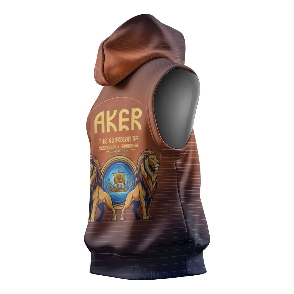 Aker Sleeveless Hoodie Ancient Egyptian Sunset Gradient, Twin Lion Guardians, and Solar Disc - Wonder Print Shop