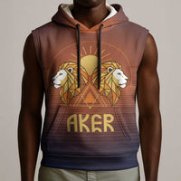 Aker Sleeveless Hoodie Ancient Egyptian Sunset Gradient, Twin Lion Guardians, and Solar Disc - Wonder Print Shop