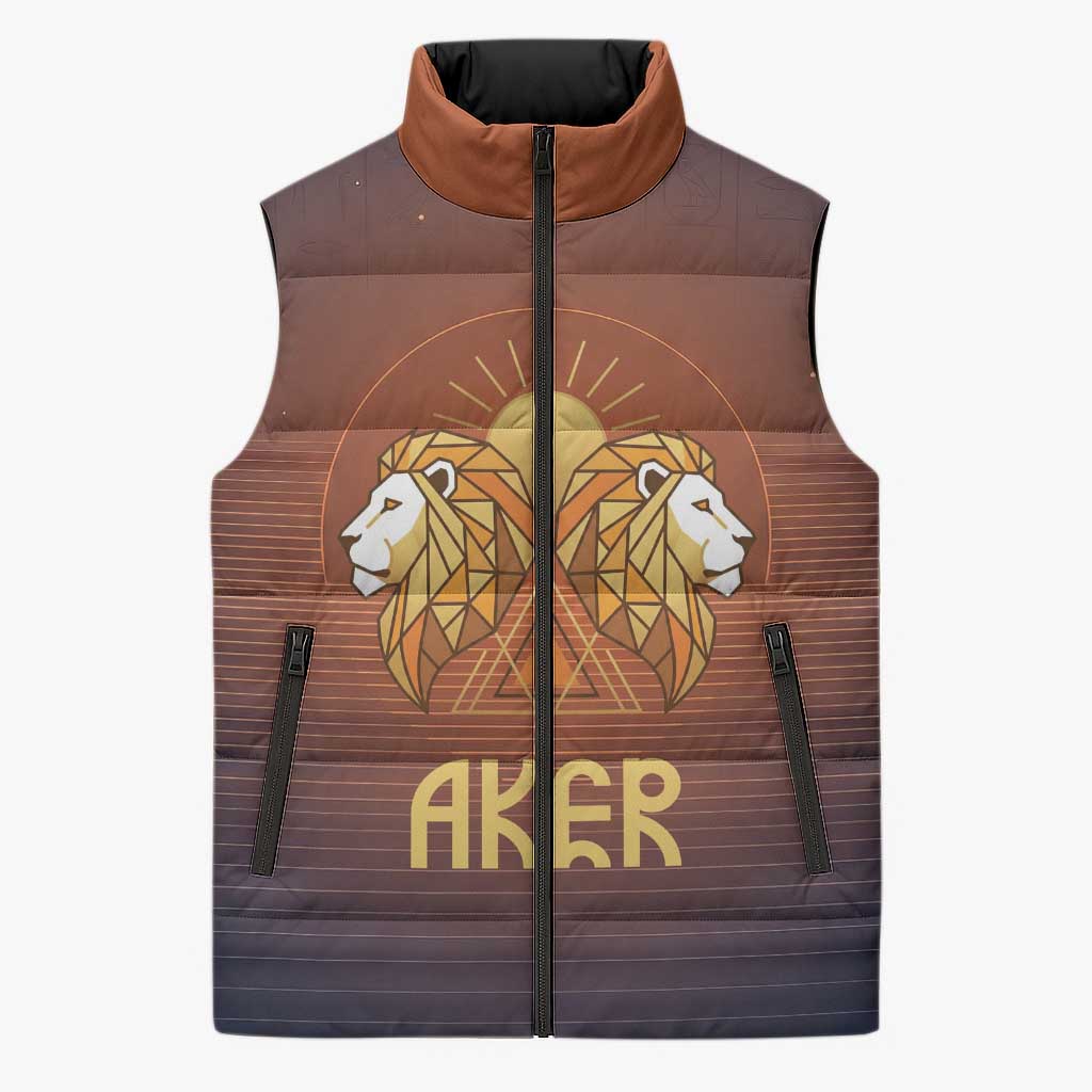 Aker Sleeveless Puffer Jacket Ancient Egyptian Sunset Gradient, Twin Lion Guardians, and Solar Disc - Wonder Print Shop
