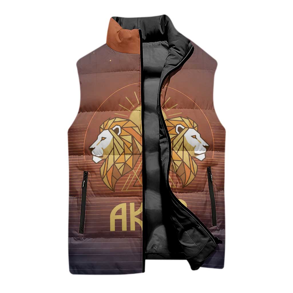 Aker Sleeveless Puffer Jacket Ancient Egyptian Sunset Gradient, Twin Lion Guardians, and Solar Disc - Wonder Print Shop