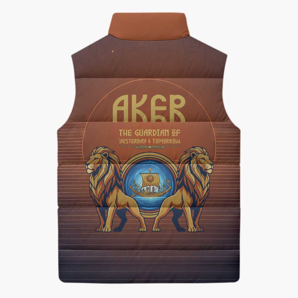 Aker Sleeveless Puffer Jacket Ancient Egyptian Sunset Gradient, Twin Lion Guardians, and Solar Disc - Wonder Print Shop