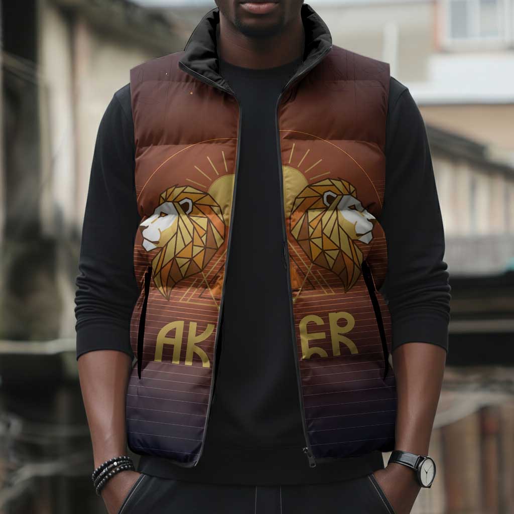Aker Sleeveless Puffer Jacket Ancient Egyptian Sunset Gradient, Twin Lion Guardians, and Solar Disc - Wonder Print Shop