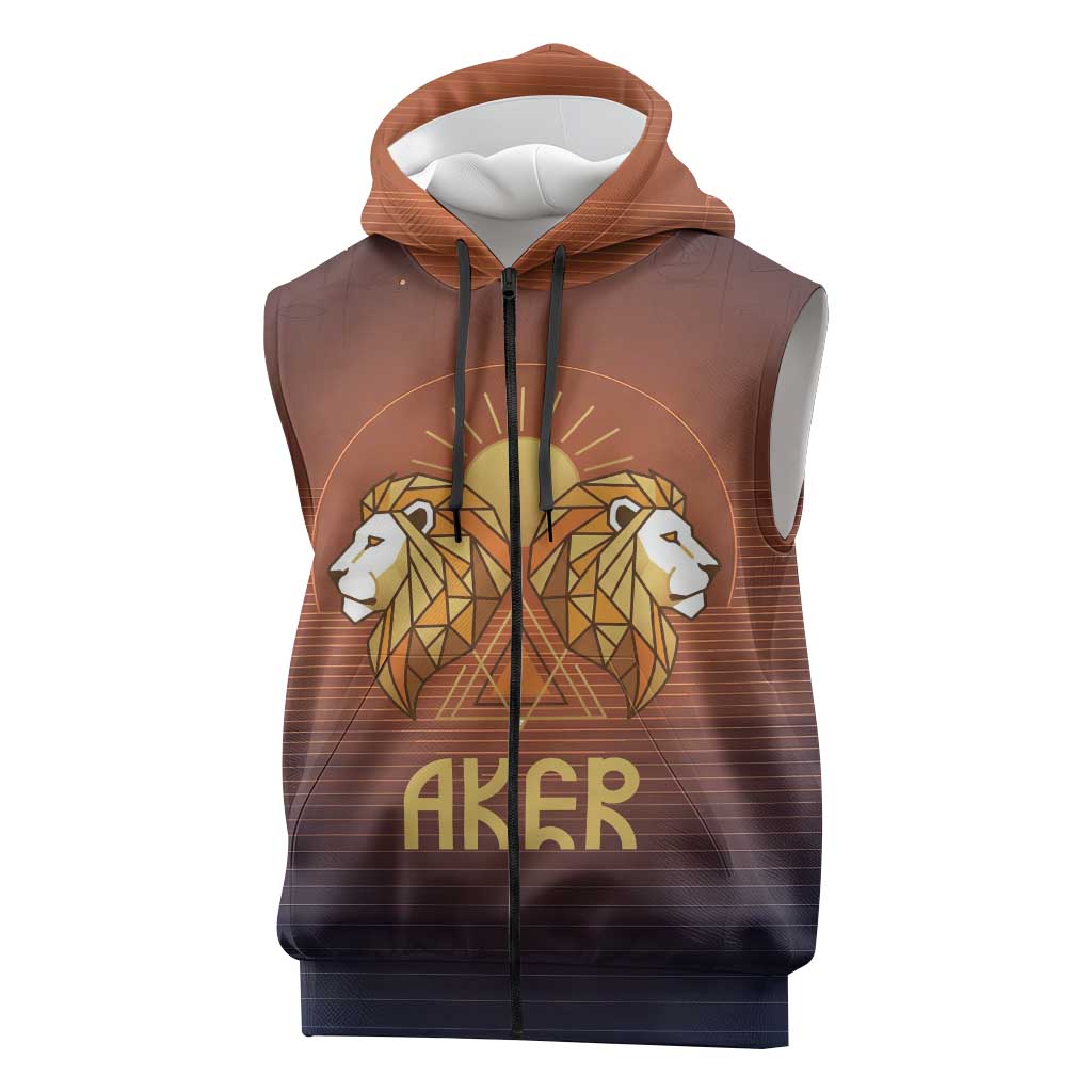 Aker Sleeveless Zip Hoodie Ancient Egyptian Sunset Gradient, Twin Lion Guardians, and Solar Disc - Wonder Print Shop