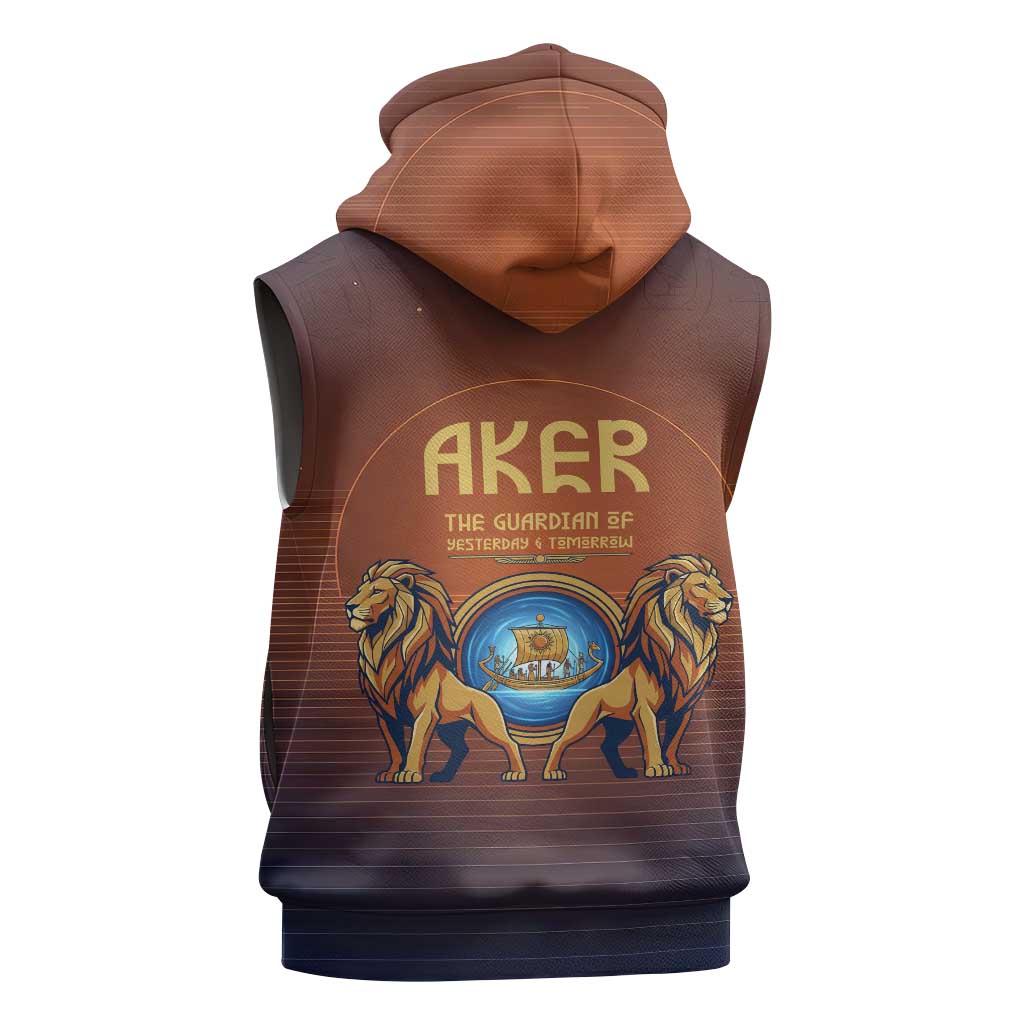 Aker Sleeveless Zip Hoodie Ancient Egyptian Sunset Gradient, Twin Lion Guardians, and Solar Disc - Wonder Print Shop