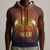 Aker Sleeveless Zip Hoodie Ancient Egyptian Sunset Gradient, Twin Lion Guardians, and Solar Disc - Wonder Print Shop