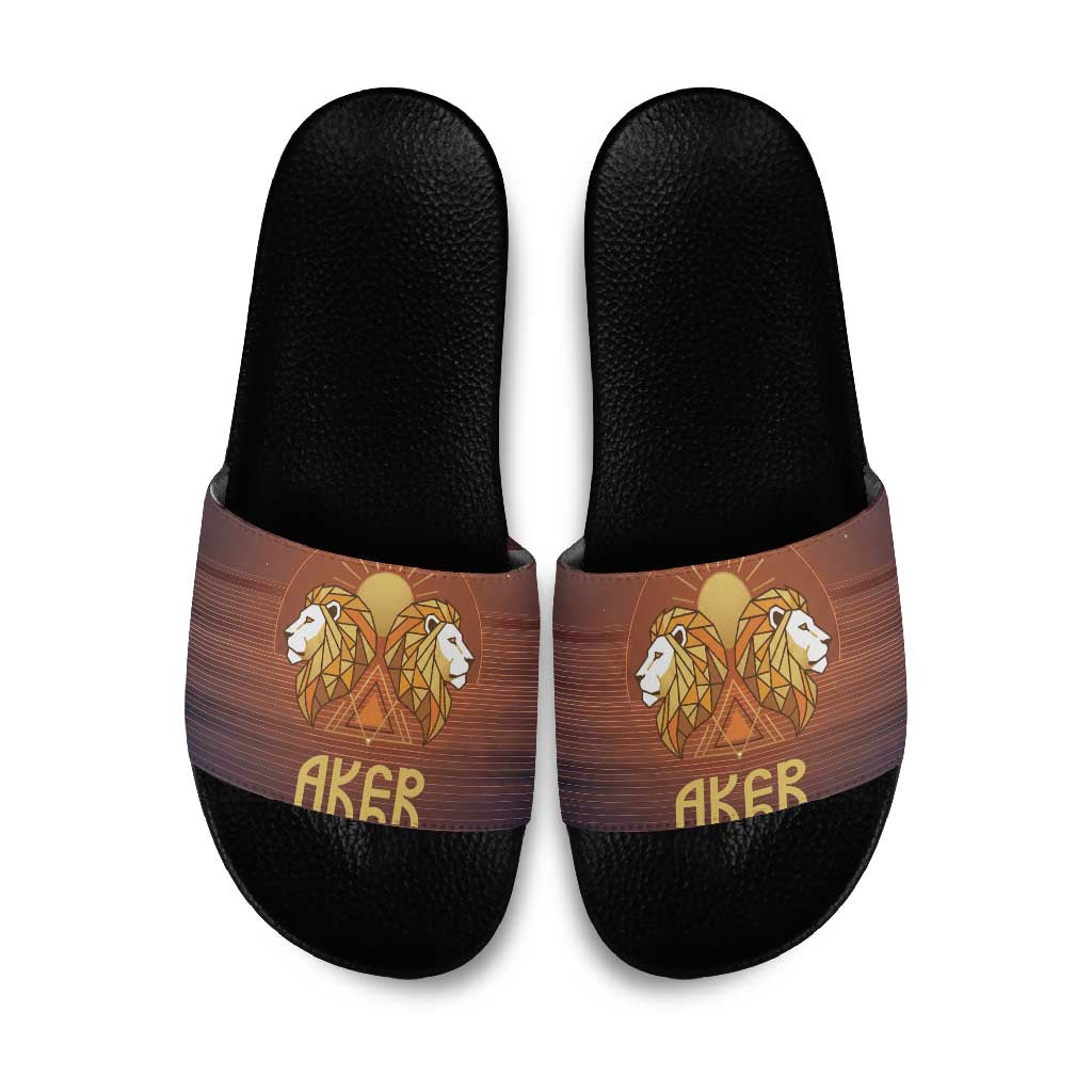 Aker Slide Sandals Ancient Egyptian Sunset Gradient, Twin Lion Guardians, and Solar Disc - Wonder Print Shop