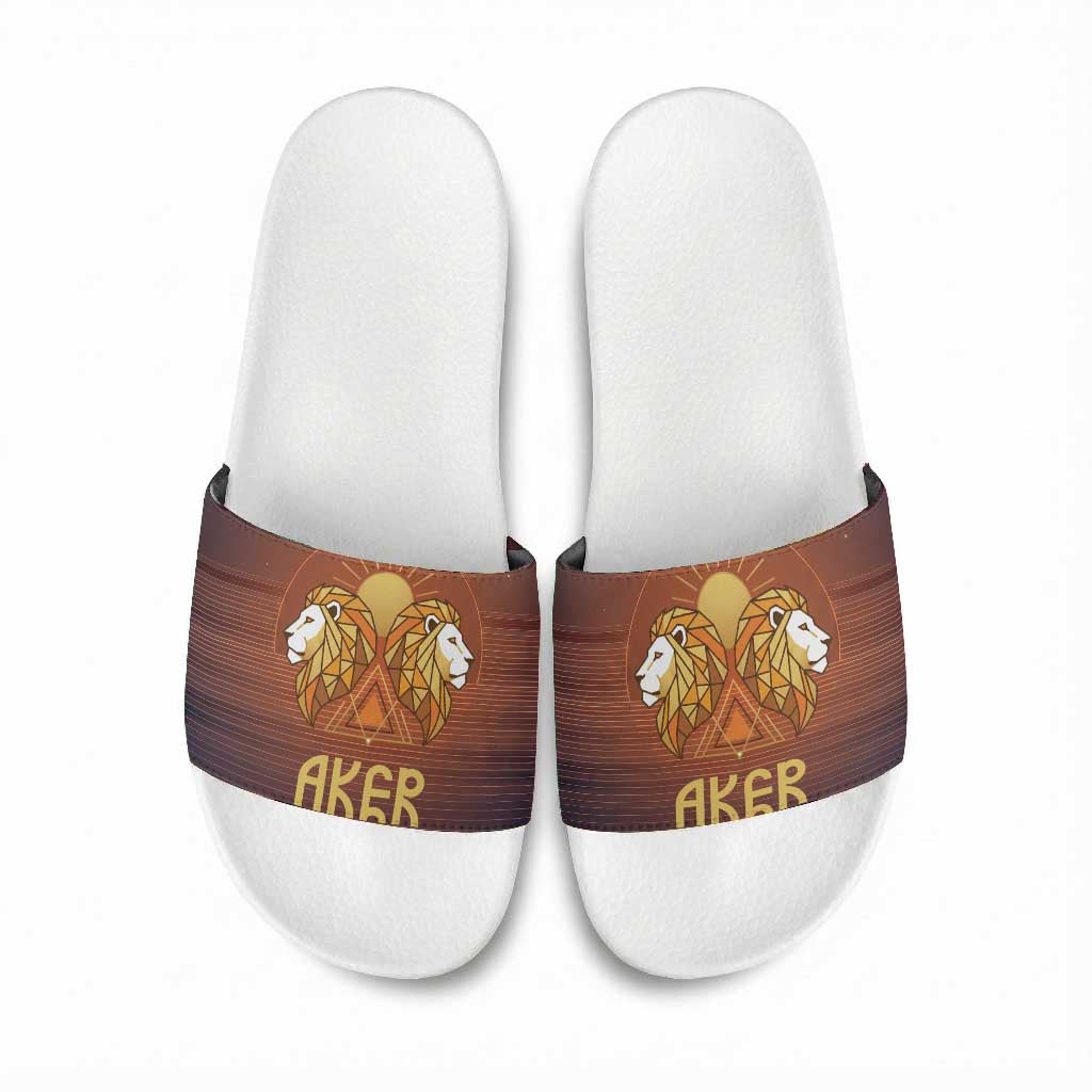 Aker Slide Sandals Ancient Egyptian Sunset Gradient, Twin Lion Guardians, and Solar Disc - Wonder Print Shop