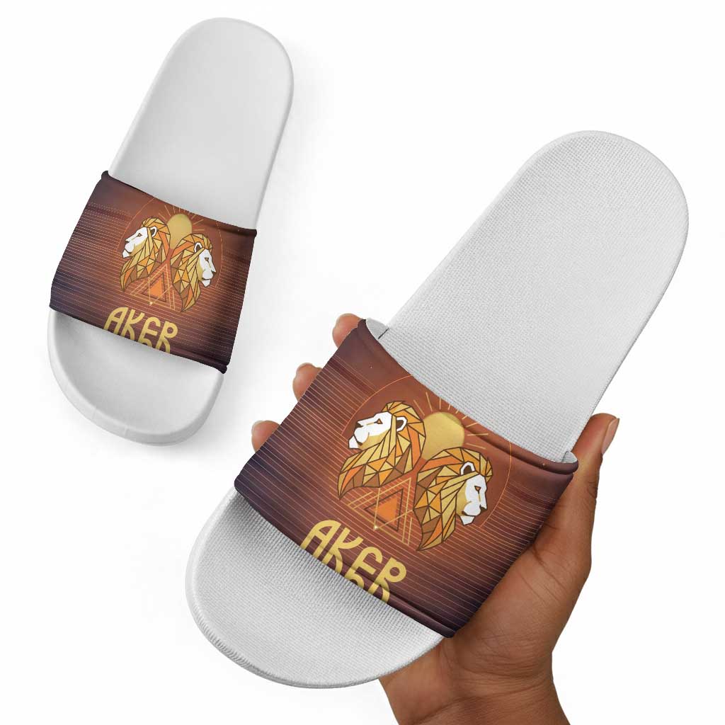 Aker Slide Sandals Ancient Egyptian Sunset Gradient, Twin Lion Guardians, and Solar Disc - Wonder Print Shop