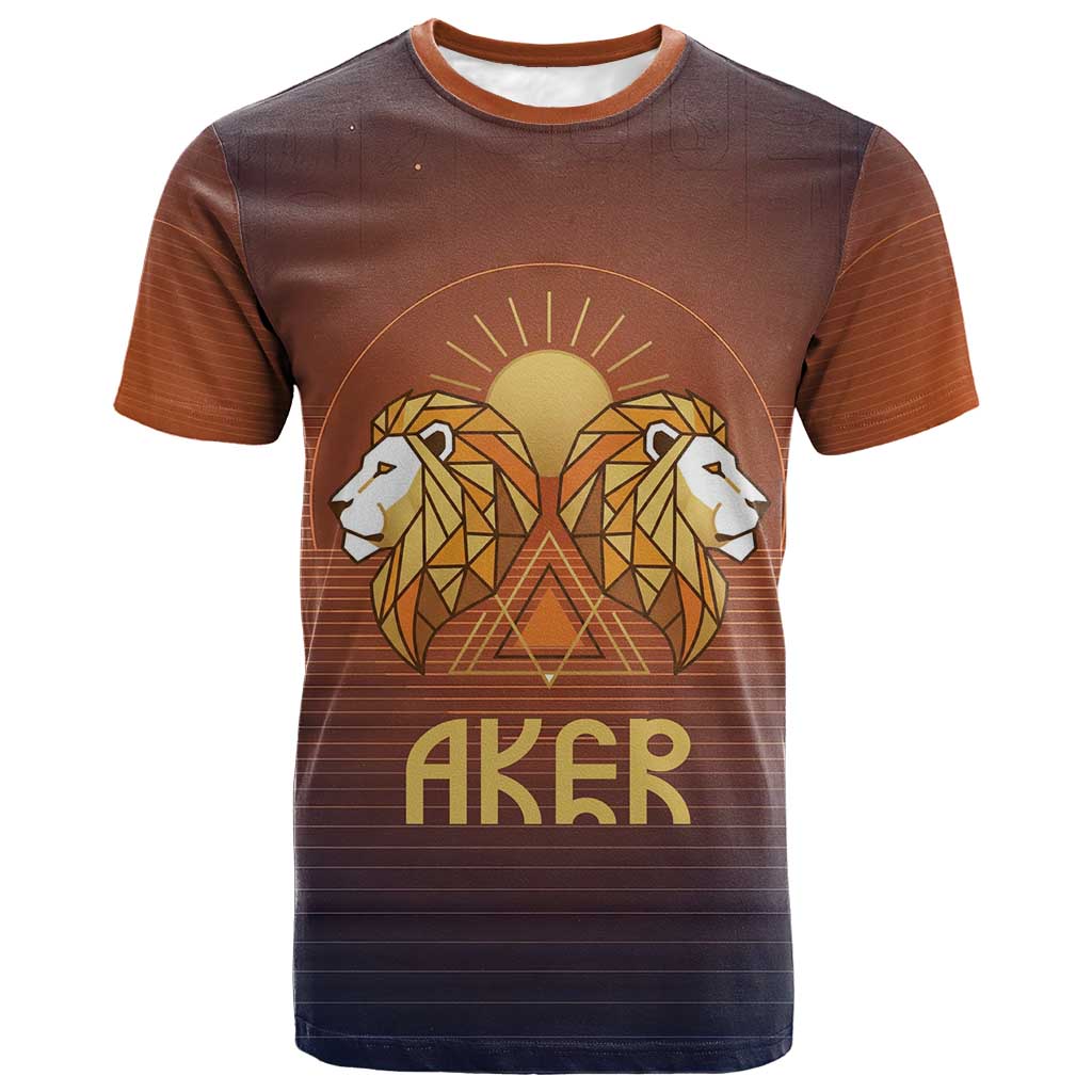 Aker T shirt Ancient Egyptian Sunset Gradient, Twin Lion Guardians, and Solar Disc - Wonder Print Shop