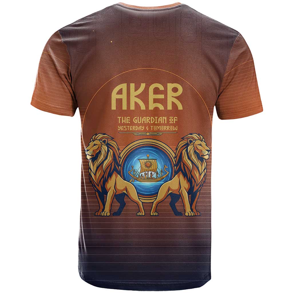 Aker T shirt Ancient Egyptian Sunset Gradient, Twin Lion Guardians, and Solar Disc - Wonder Print Shop