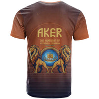 Aker T shirt Ancient Egyptian Sunset Gradient, Twin Lion Guardians, and Solar Disc - Wonder Print Shop
