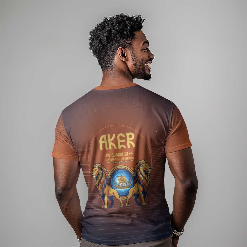 Aker T shirt Ancient Egyptian Sunset Gradient, Twin Lion Guardians, and Solar Disc - Wonder Print Shop