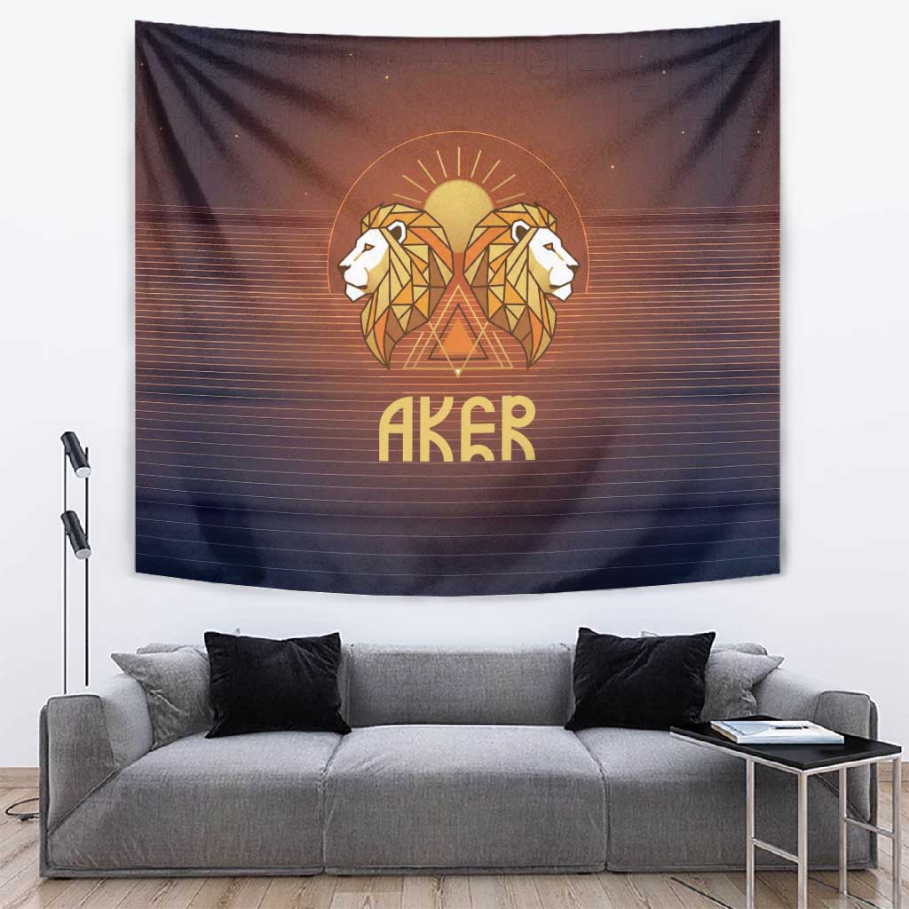 Aker Tapestry Ancient Egyptian Sunset Gradient, Twin Lion Guardians, and Solar Disc - Wonder Print Shop