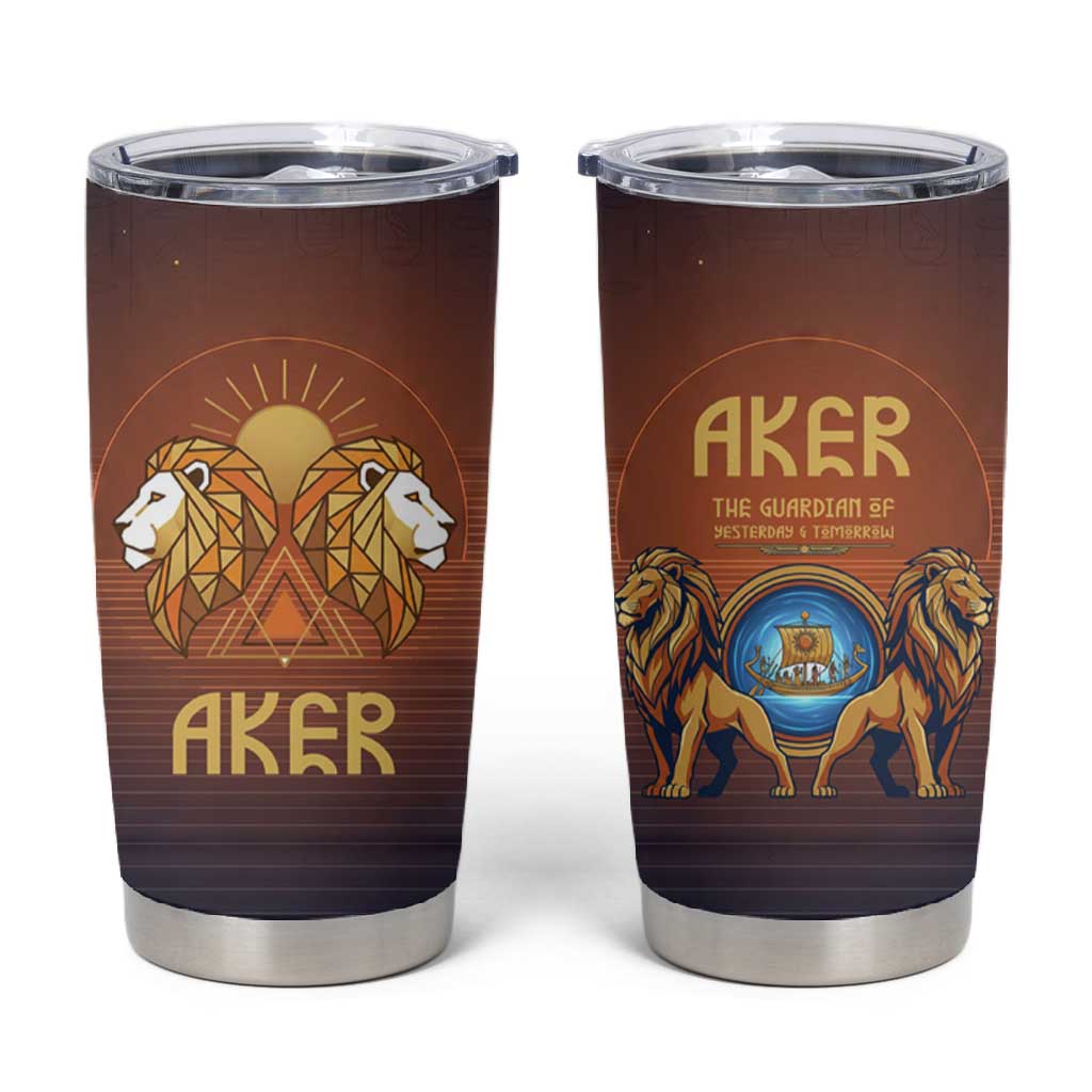 Aker Tumbler Cup Ancient Egyptian Sunset Gradient, Twin Lion Guardians, and Solar Disc - Wonder Print Shop