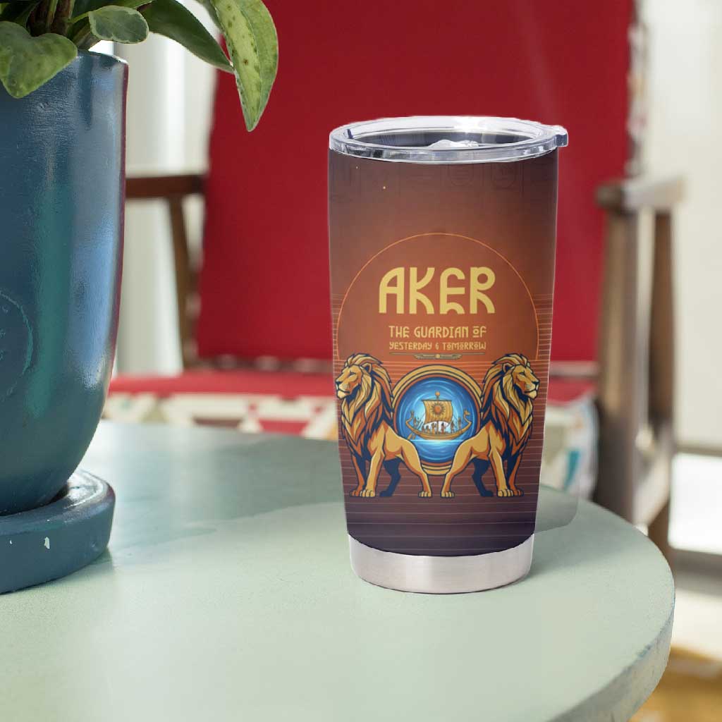 Aker Tumbler Cup Ancient Egyptian Sunset Gradient, Twin Lion Guardians, and Solar Disc - Wonder Print Shop