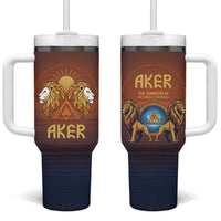 Aker Tumbler With Handle Ancient Egyptian Sunset Gradient, Twin Lion Guardians, and Solar Disc - Wonder Print Shop