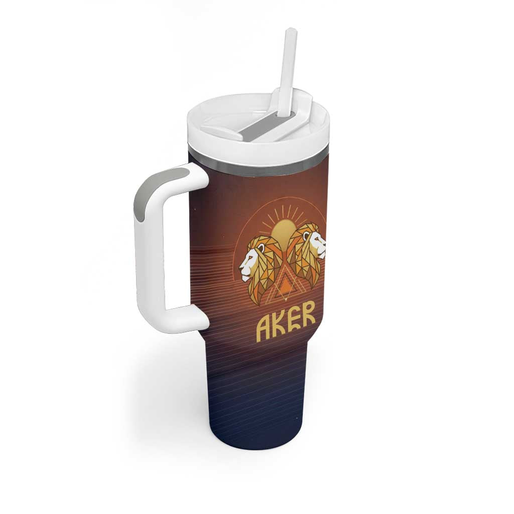 Aker Tumbler With Handle Ancient Egyptian Sunset Gradient, Twin Lion Guardians, and Solar Disc - Wonder Print Shop