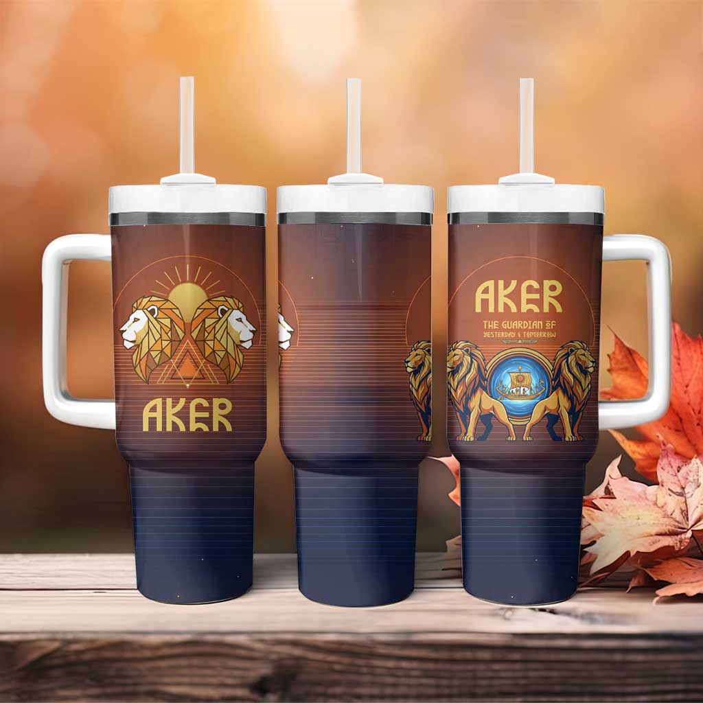 Aker Tumbler With Handle Ancient Egyptian Sunset Gradient, Twin Lion Guardians, and Solar Disc - Wonder Print Shop