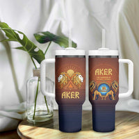 Aker Tumbler With Handle Ancient Egyptian Sunset Gradient, Twin Lion Guardians, and Solar Disc - Wonder Print Shop
