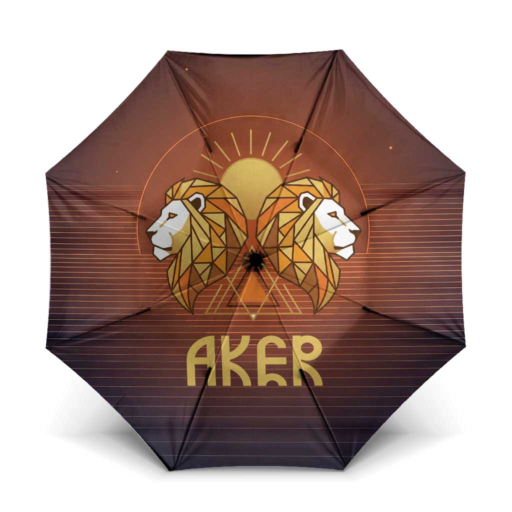 Aker Umbrella Ancient Egyptian Sunset Gradient, Twin Lion Guardians, and Solar Disc - Wonder Print Shop
