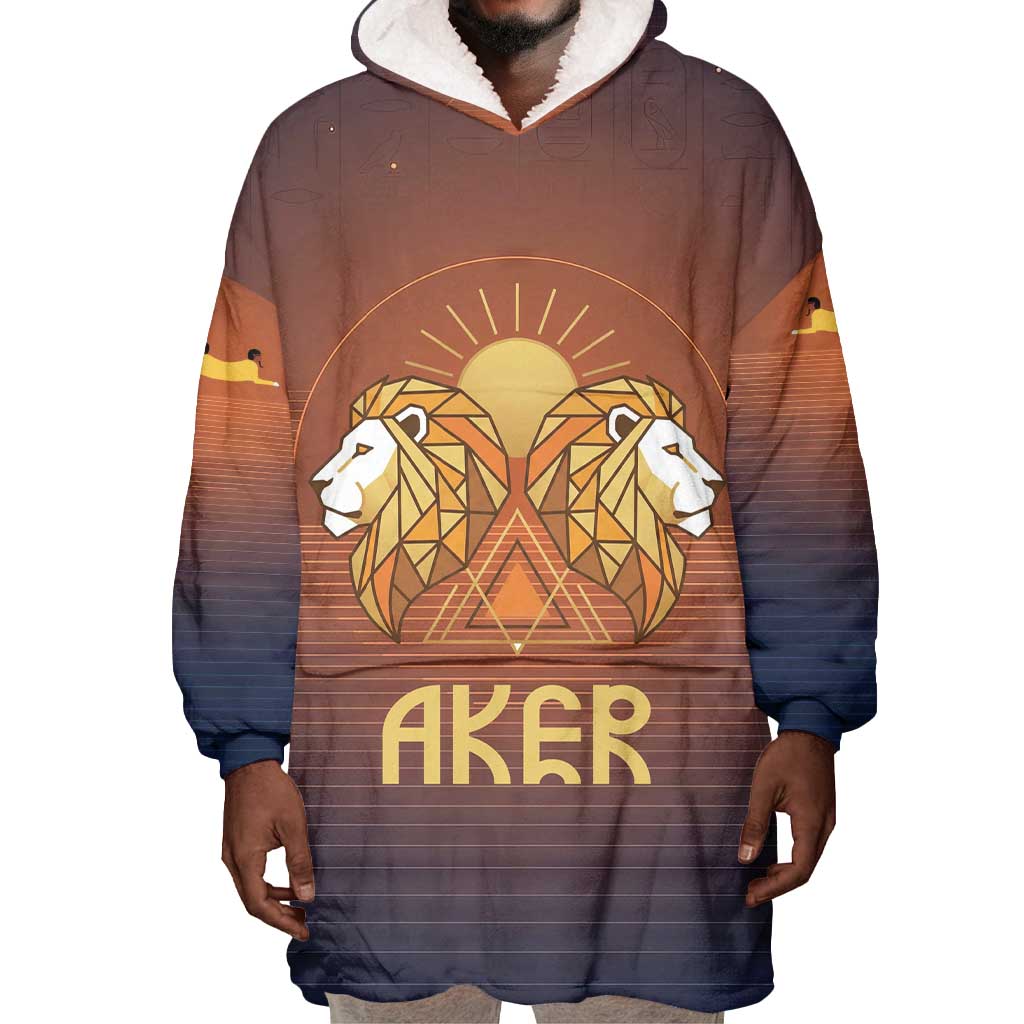 Aker Wearable Blanket Hoodie Ancient Egyptian Sunset Gradient, Twin Lion Guardians, and Solar Disc - Wonder Print Shop