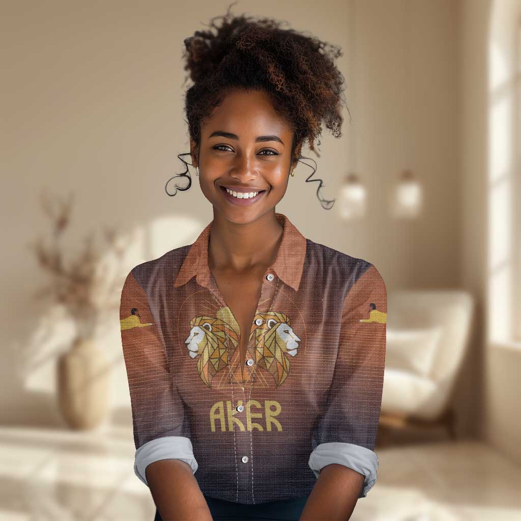 Aker Women Casual Shirt Ancient Egyptian Sunset Gradient, Twin Lion Guardians, and Solar Disc - Wonder Print Shop