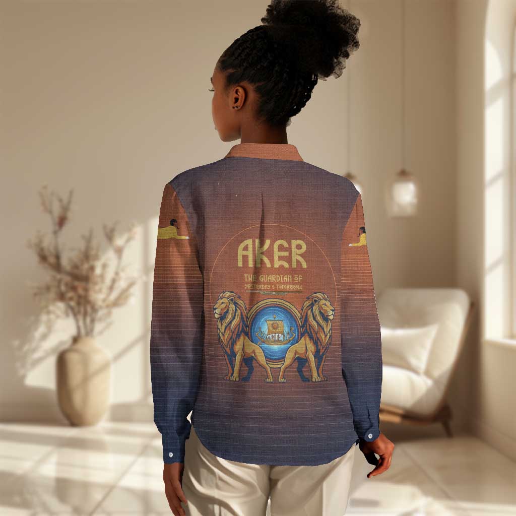 Aker Women Casual Shirt Ancient Egyptian Sunset Gradient, Twin Lion Guardians, and Solar Disc - Wonder Print Shop