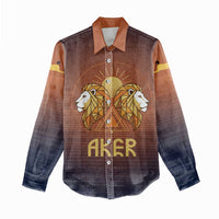 Aker Women Casual Shirt Ancient Egyptian Sunset Gradient, Twin Lion Guardians, and Solar Disc - Wonder Print Shop
