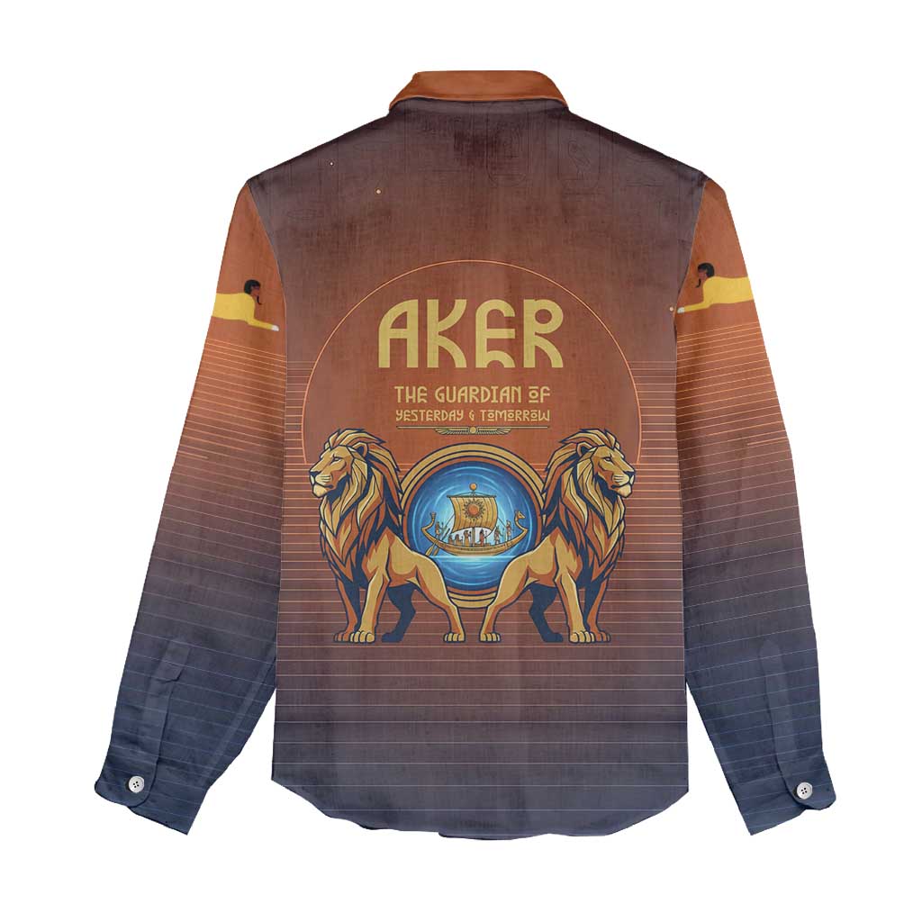 Aker Women Casual Shirt Ancient Egyptian Sunset Gradient, Twin Lion Guardians, and Solar Disc - Wonder Print Shop