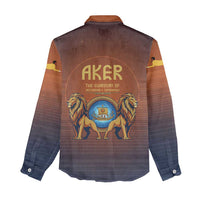 Aker Women Casual Shirt Ancient Egyptian Sunset Gradient, Twin Lion Guardians, and Solar Disc - Wonder Print Shop