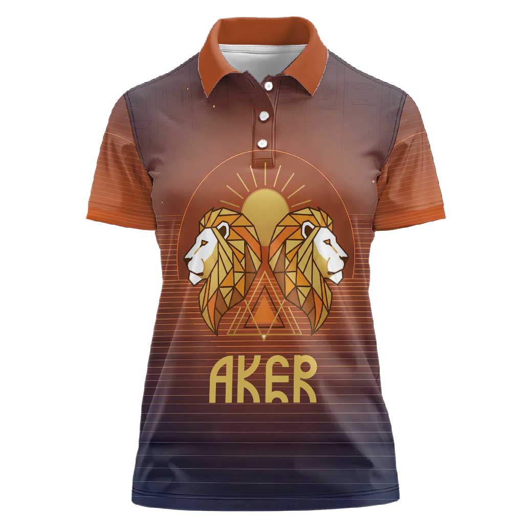 Aker Women Polo Shirt Ancient Egyptian Sunset Gradient, Twin Lion Guardians, and Solar Disc - Wonder Print Shop