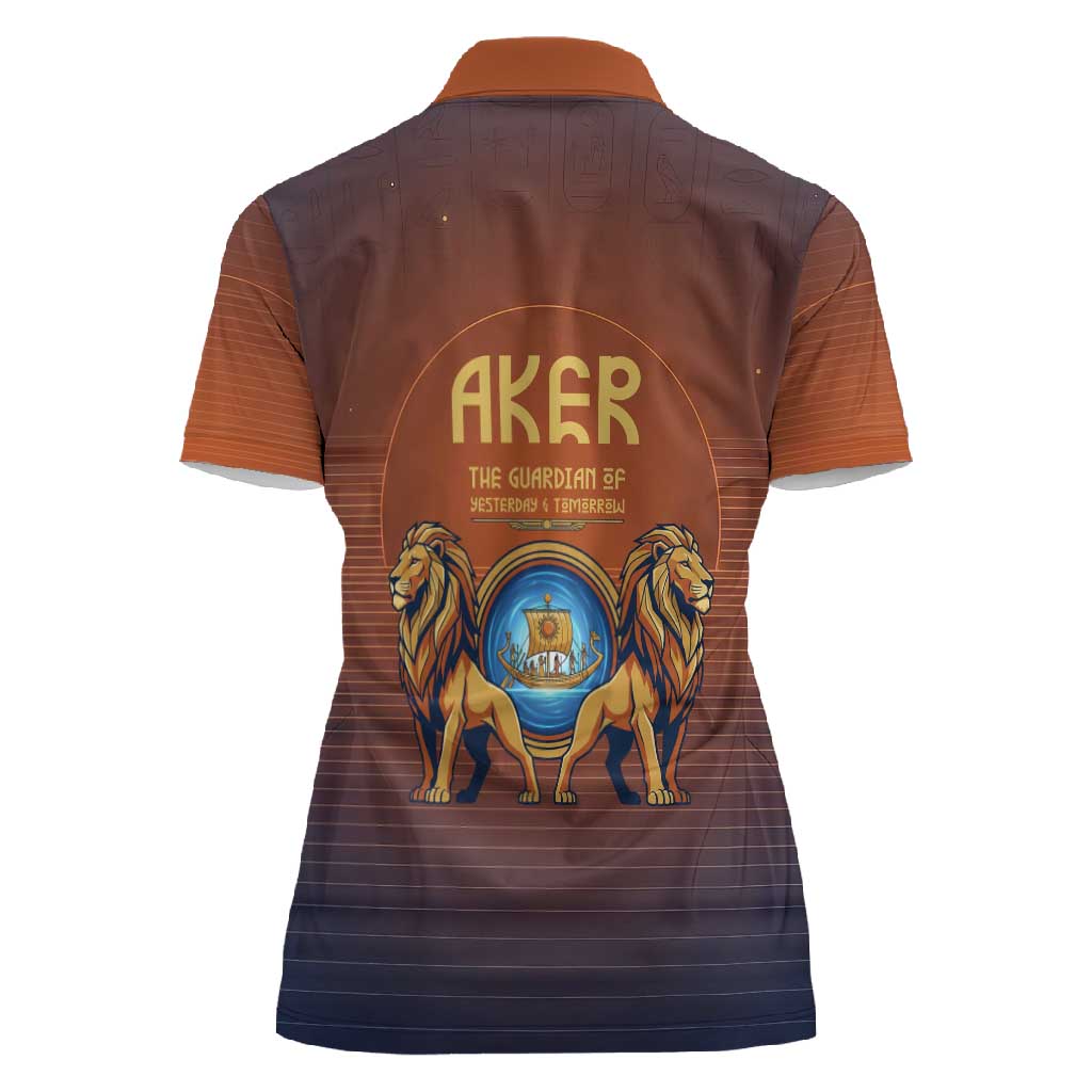 Aker Women Polo Shirt Ancient Egyptian Sunset Gradient, Twin Lion Guardians, and Solar Disc - Wonder Print Shop