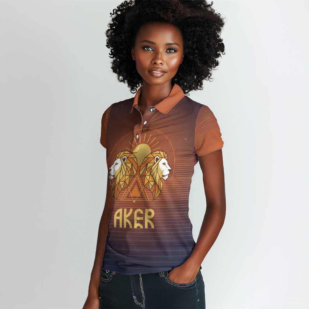 Aker Women Polo Shirt Ancient Egyptian Sunset Gradient, Twin Lion Guardians, and Solar Disc - Wonder Print Shop