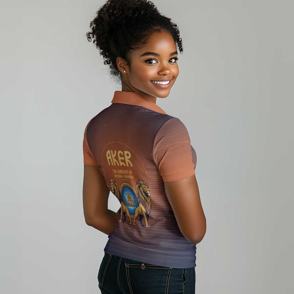 Aker Women Polo Shirt Ancient Egyptian Sunset Gradient, Twin Lion Guardians, and Solar Disc - Wonder Print Shop
