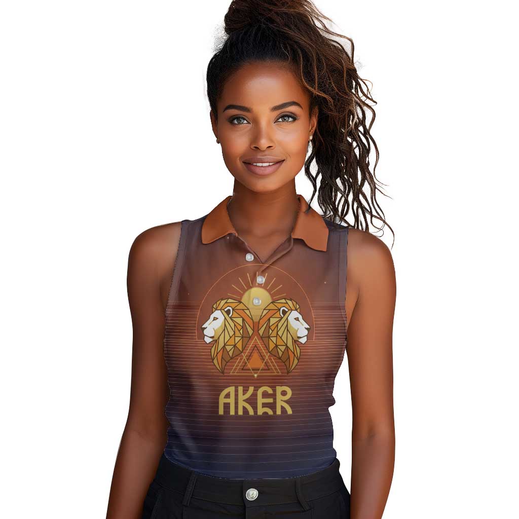Aker Women Sleeveless Polo Shirt Ancient Egyptian Sunset Gradient, Twin Lion Guardians, and Solar Disc - Wonder Print Shop