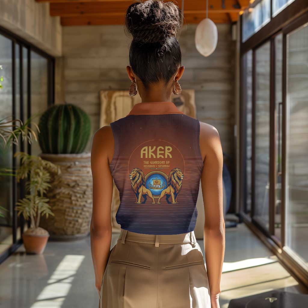 Aker Women Sleeveless Polo Shirt Ancient Egyptian Sunset Gradient, Twin Lion Guardians, and Solar Disc - Wonder Print Shop