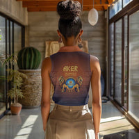 Aker Women Sleeveless Polo Shirt Ancient Egyptian Sunset Gradient, Twin Lion Guardians, and Solar Disc - Wonder Print Shop