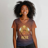 Aker Women V-Neck T-Shirt Ancient Egyptian Sunset Gradient, Twin Lion Guardians, and Solar Disc - Wonder Print Shop