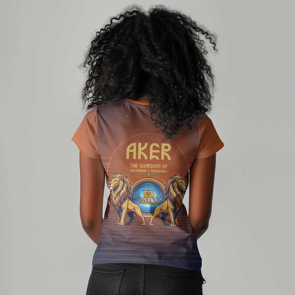 Aker Women V-Neck T-Shirt Ancient Egyptian Sunset Gradient, Twin Lion Guardians, and Solar Disc - Wonder Print Shop