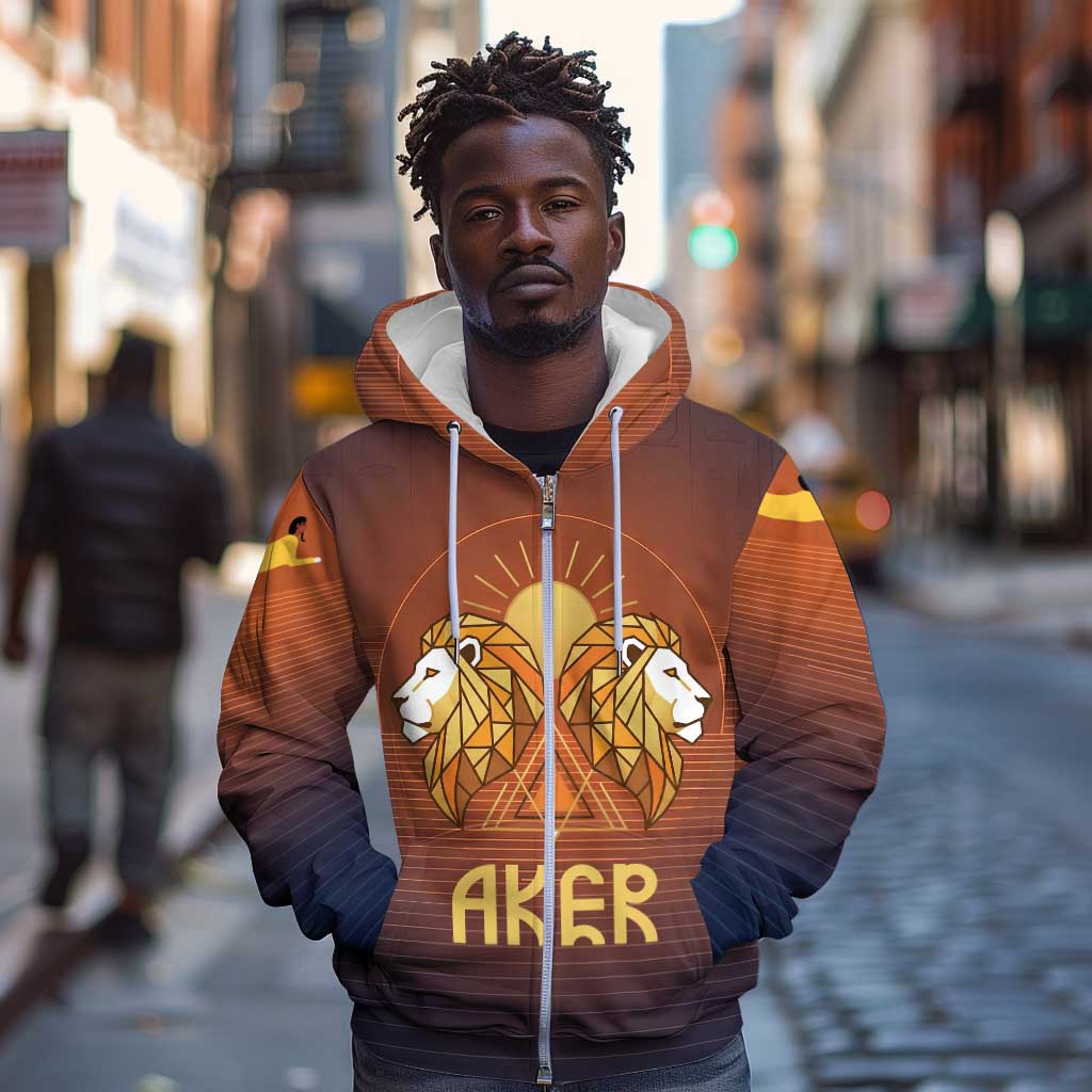 Aker Zip Hoodie Ancient Egyptian Sunset Gradient, Twin Lion Guardians, and Solar Disc - Wonder Print Shop