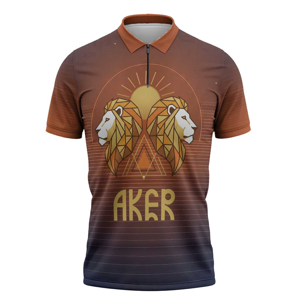 Aker Zipper Polo Shirt Ancient Egyptian Sunset Gradient, Twin Lion Guardians, and Solar Disc - Wonder Print Shop