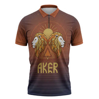 Aker Zipper Polo Shirt Ancient Egyptian Sunset Gradient, Twin Lion Guardians, and Solar Disc - Wonder Print Shop