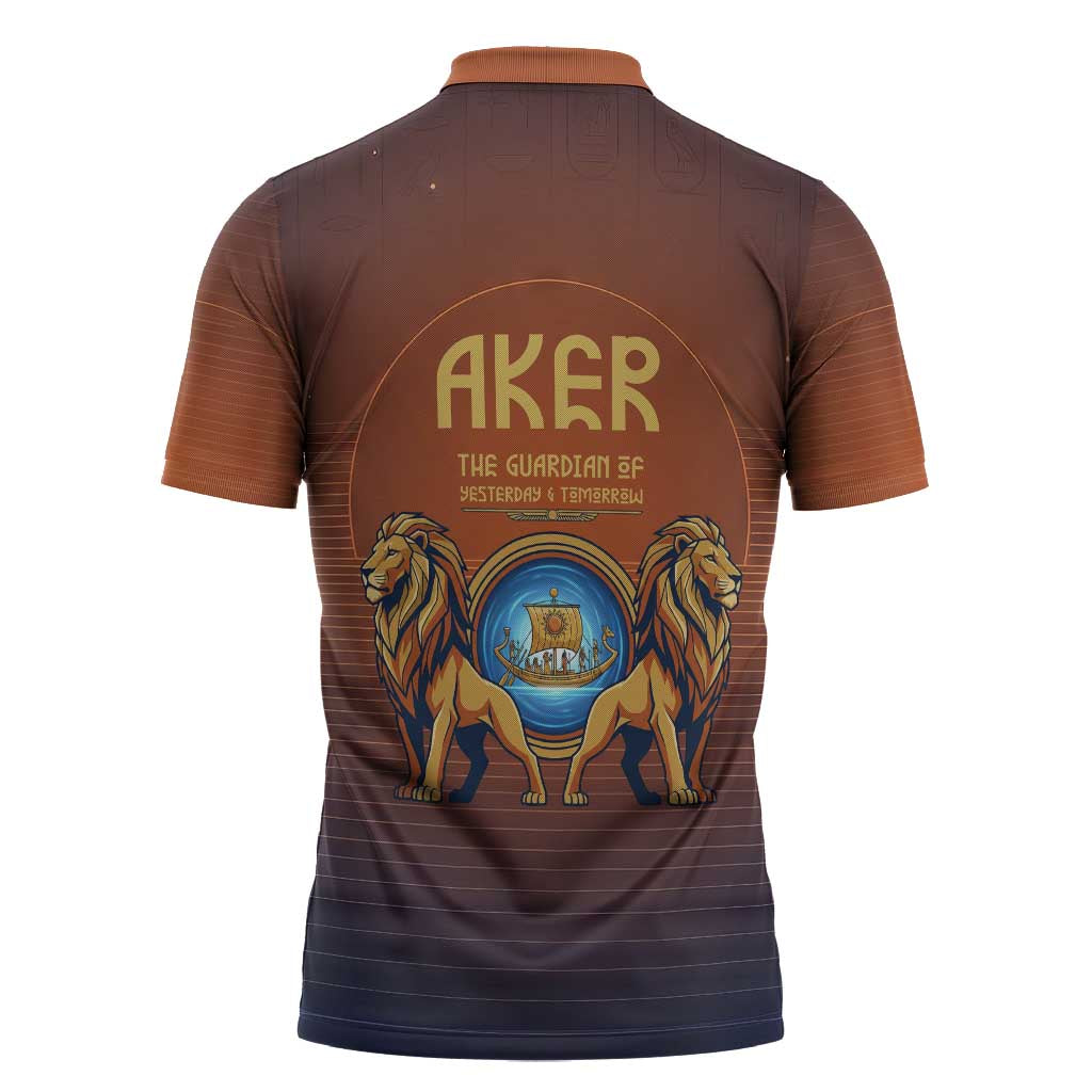 Aker Zipper Polo Shirt Ancient Egyptian Sunset Gradient, Twin Lion Guardians, and Solar Disc - Wonder Print Shop