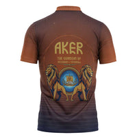 Aker Zipper Polo Shirt Ancient Egyptian Sunset Gradient, Twin Lion Guardians, and Solar Disc - Wonder Print Shop