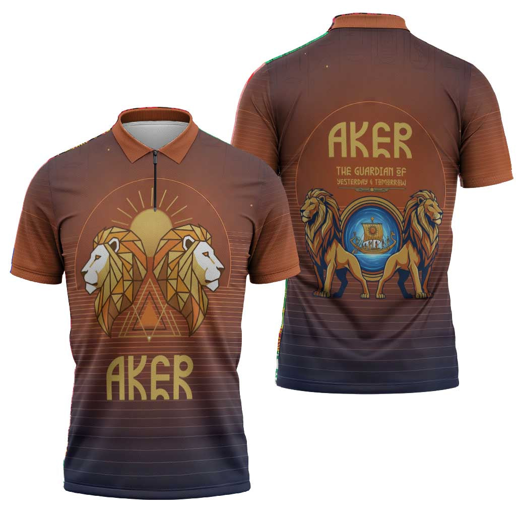 Aker Zipper Polo Shirt Ancient Egyptian Sunset Gradient, Twin Lion Guardians, and Solar Disc - Wonder Print Shop